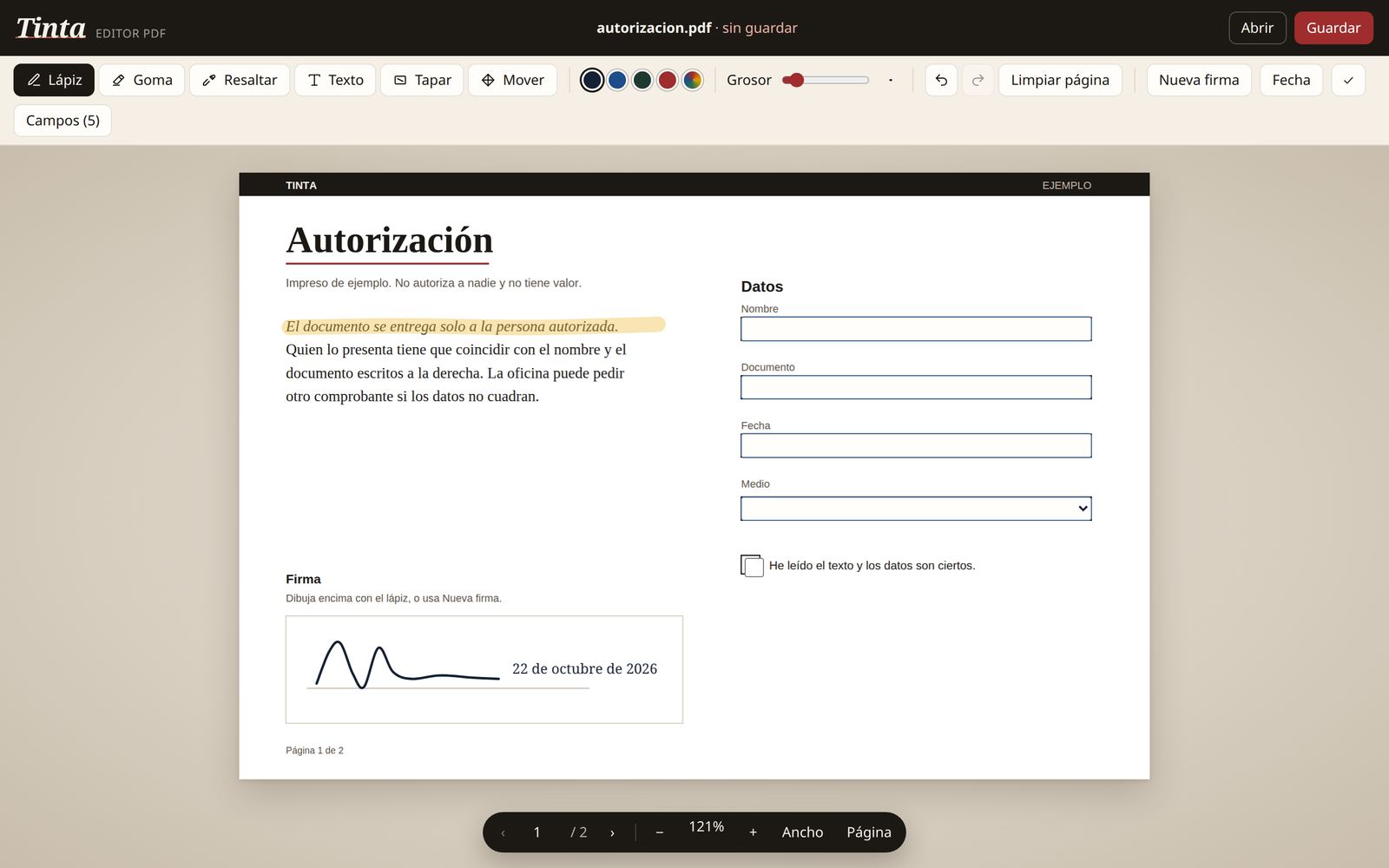Captura de pantalla de Tinta editando y firmando un documento PDF