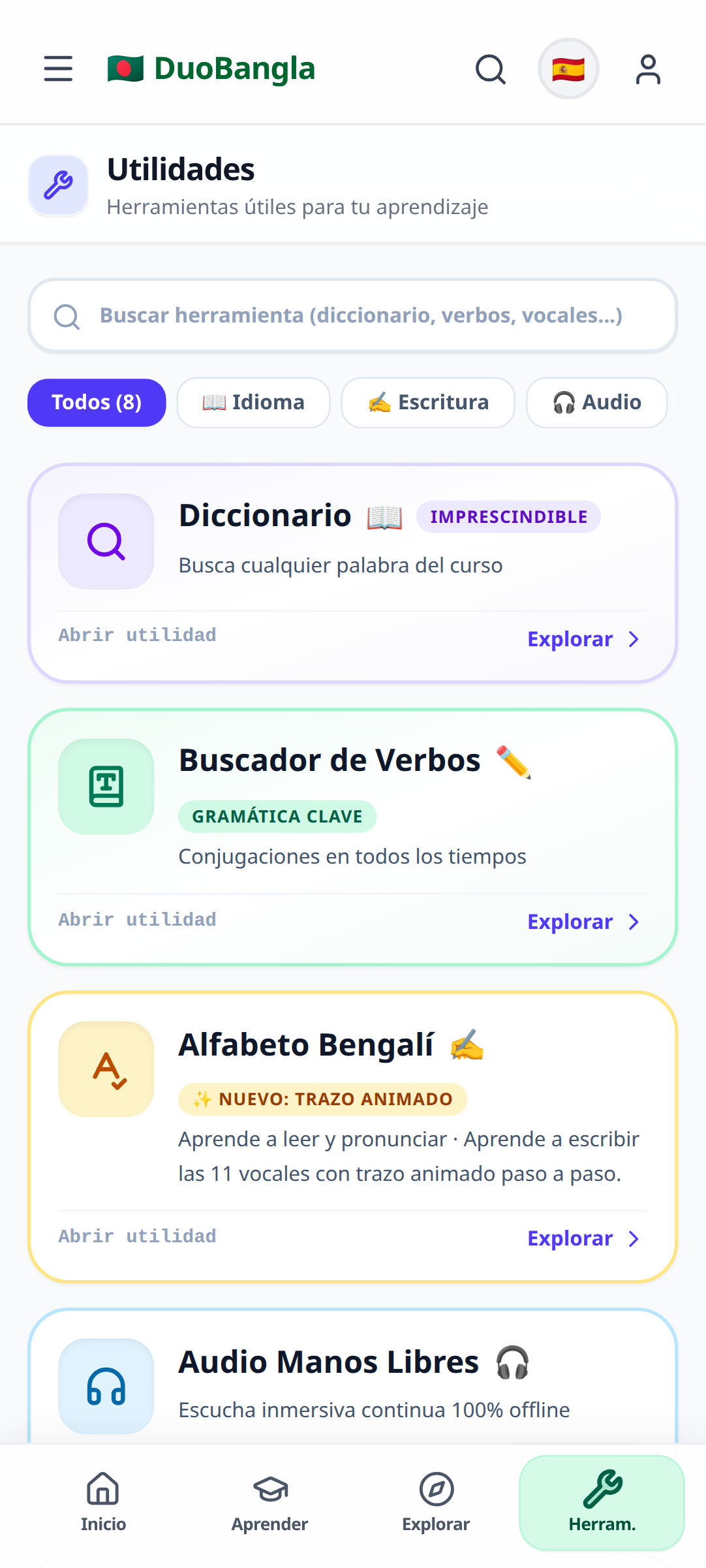 DuoBangla Android — Herramientas y alfabeto